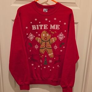Jerzees Red Christmas Holiday Crewneck Sweater with Gingerbread Man Bite Me